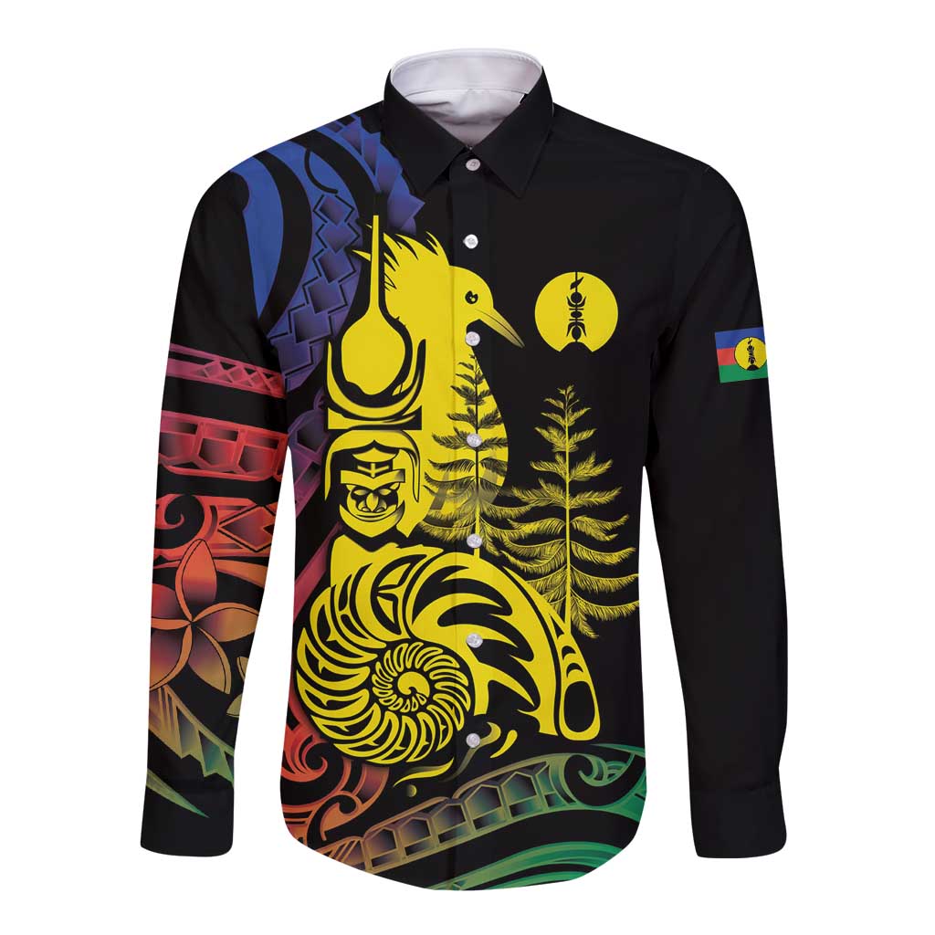New Caledonia Kanaky Long Sleeve Button Shirt Stylized Fleche Faitiere With Kagu Bird LT7 Unisex Black - Polynesian Pride