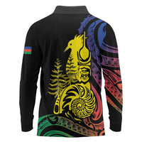 New Caledonia Kanaky Long Sleeve Polo Shirt Stylized Fleche Faitiere With Kagu Bird