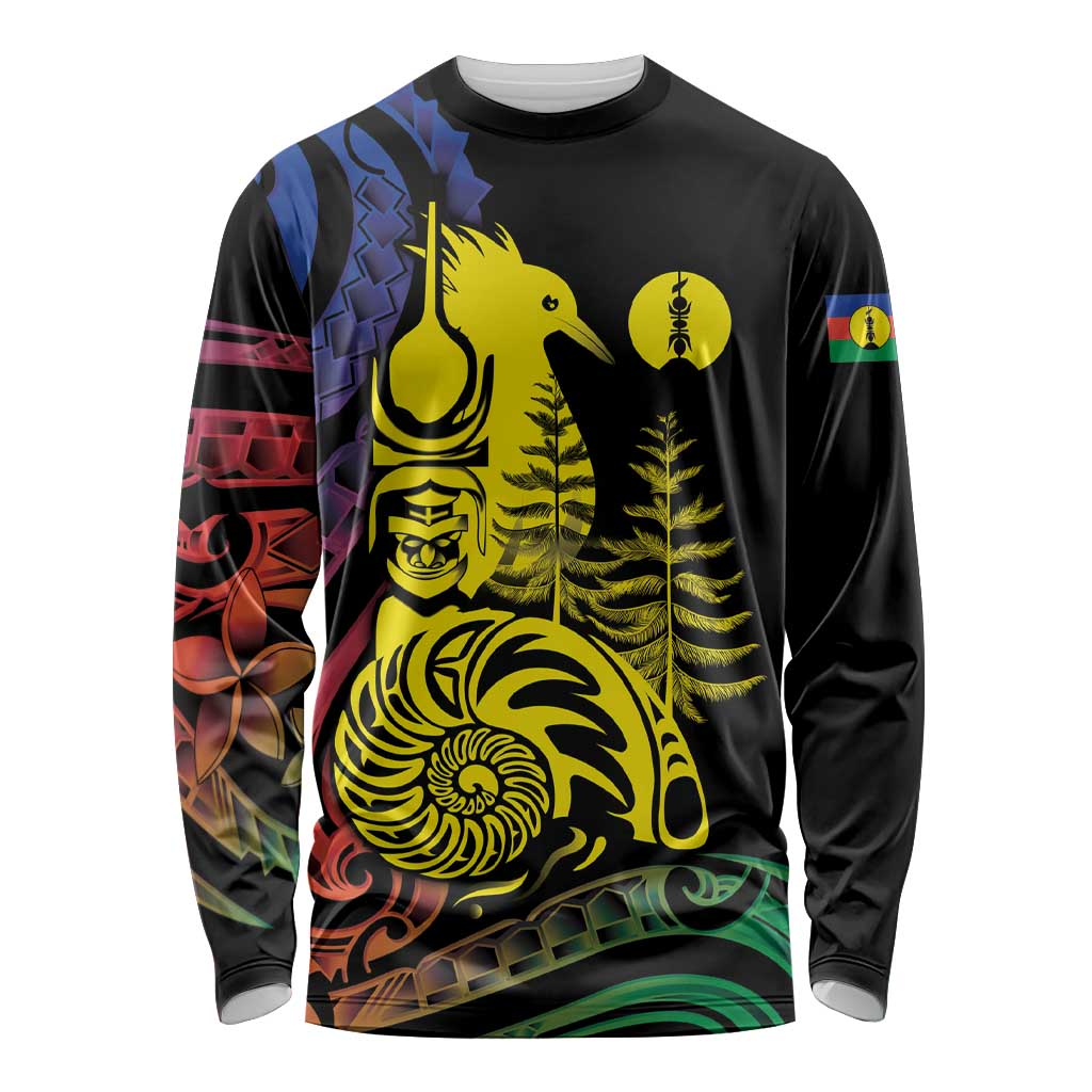 New Caledonia Kanaky Long Sleeve Shirt Stylized Fleche Faitiere With Kagu Bird LT7 Unisex Black - Polynesian Pride