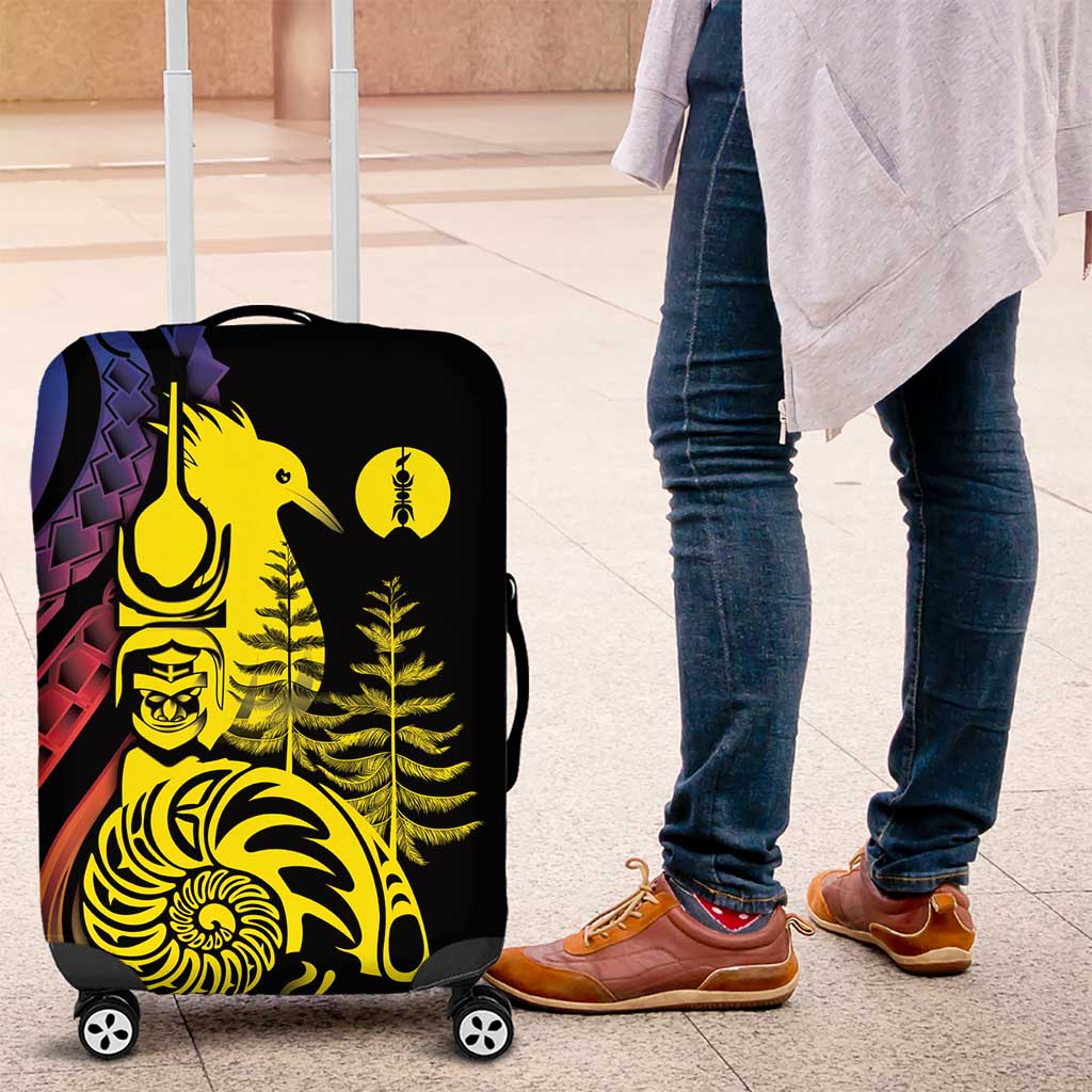 New Caledonia Kanaky Luggage Cover Stylized Fleche Faitiere With Kagu Bird LT7 Black - Polynesian Pride