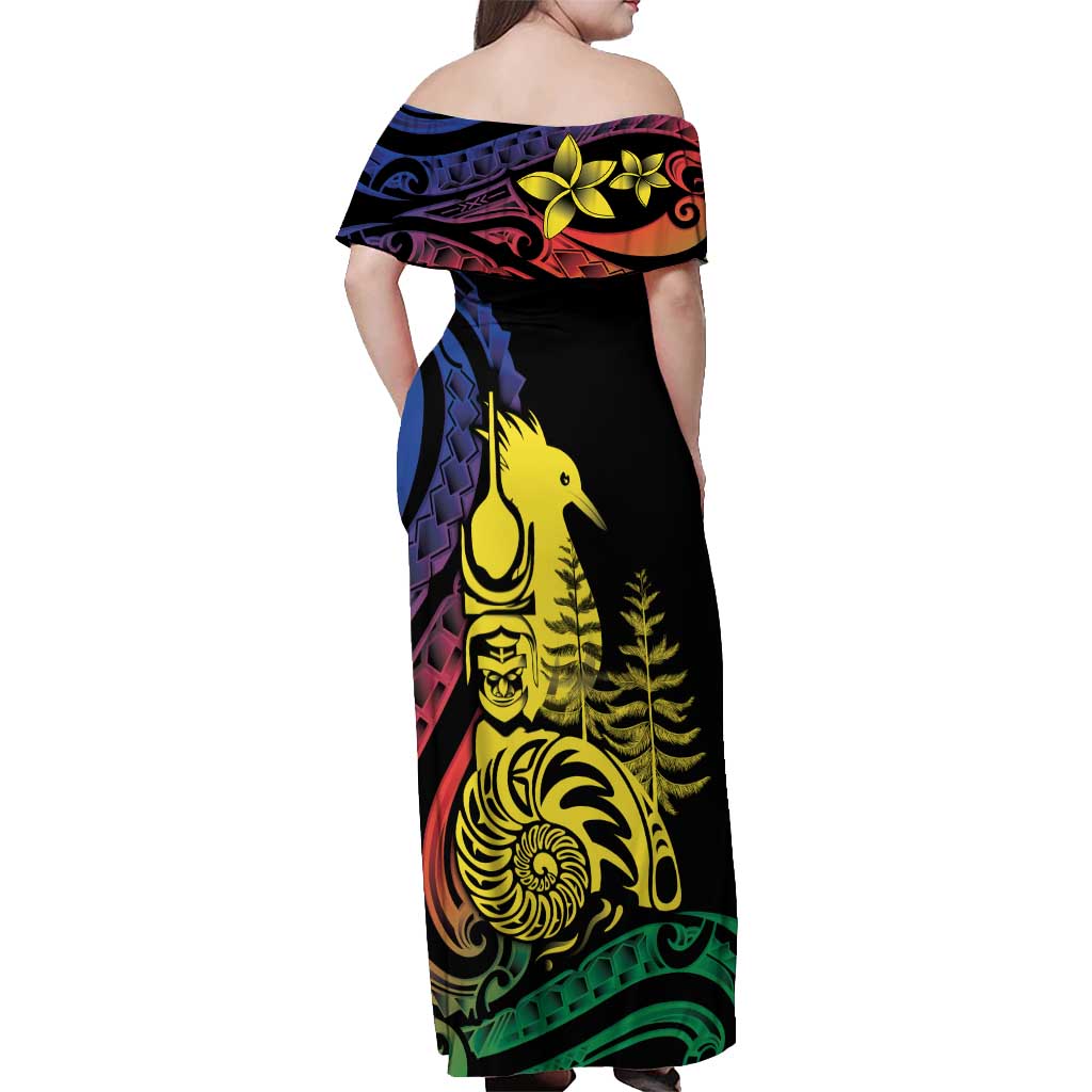 New Caledonia Kanaky Off Shoulder Maxi Dress Stylized Fleche Faitiere With Kagu Bird