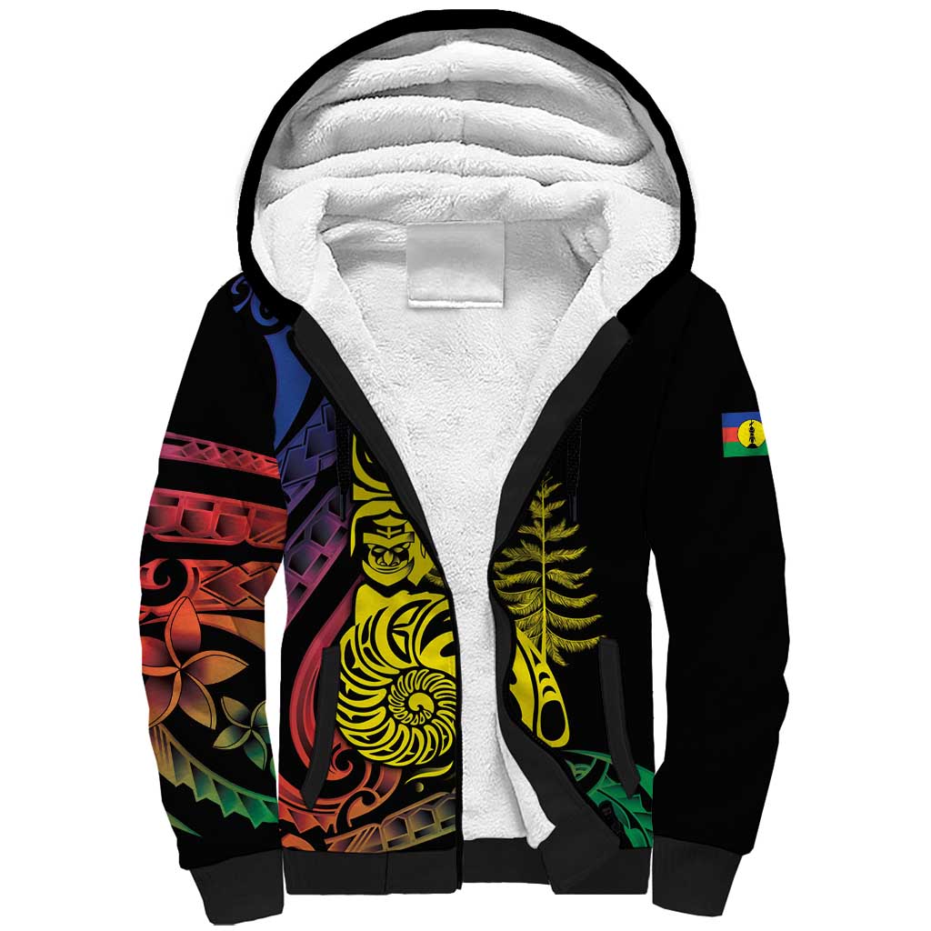 New Caledonia Kanaky Sherpa Hoodie Stylized Fleche Faitiere With Kagu Bird LT7 Unisex Black - Polynesian Pride