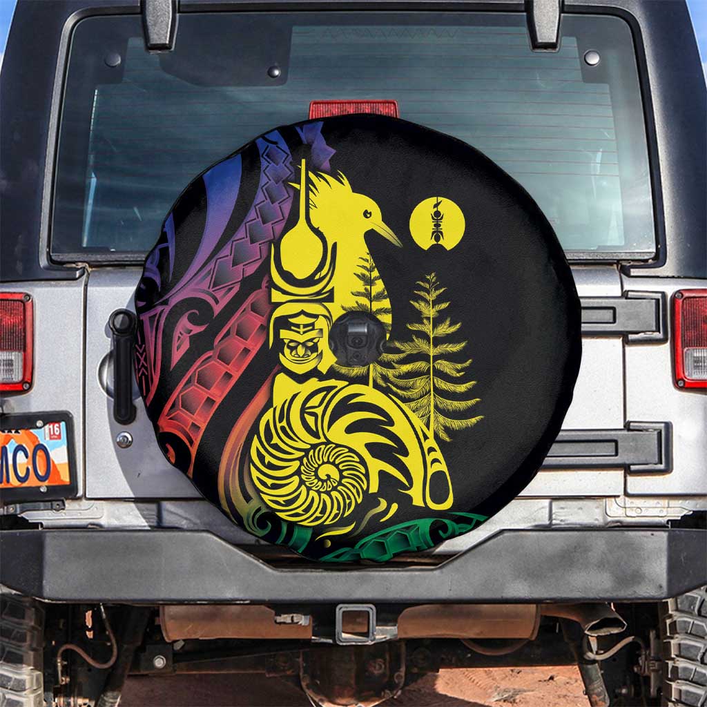 New Caledonia Kanaky Spare Tire Cover Stylized Fleche Faitiere With Kagu Bird LT7 Black - Polynesian Pride