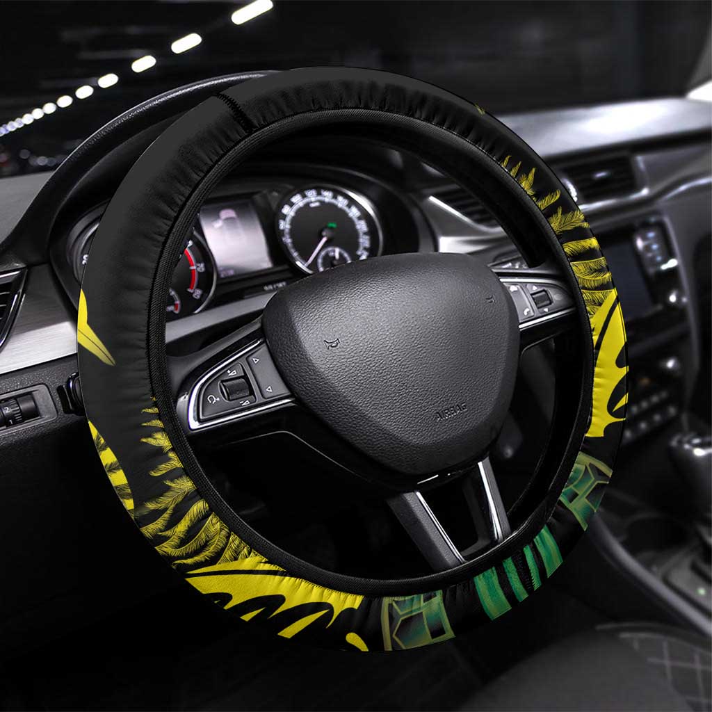 New Caledonia Kanaky Steering Wheel Cover Stylized Fleche Faitiere With Kagu Bird LT7 Universal Fit Black - Polynesian Pride