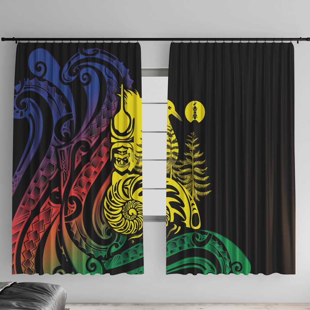 New Caledonia Kanaky Window Curtain Stylized Fleche Faitiere With Kagu Bird LT7 With Hooks Black - Polynesian Pride