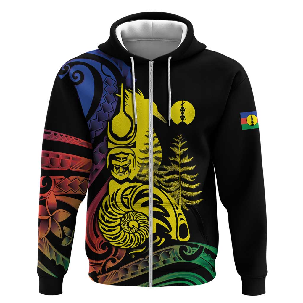 New Caledonia Kanaky Zip Hoodie Stylized Fleche Faitiere With Kagu Bird LT7 Zip Hoodie Black - Polynesian Pride