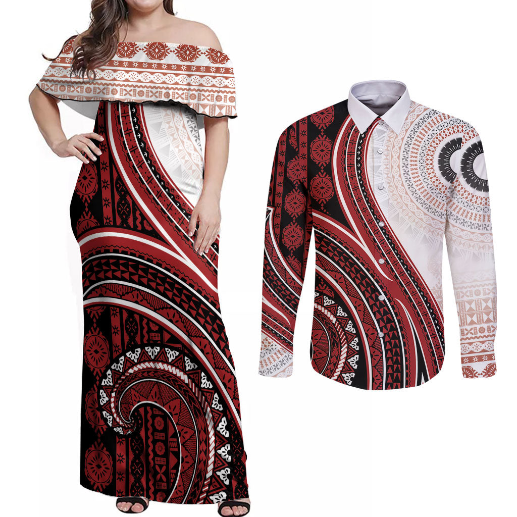 Bula Fiji Vintage Tapa Couples Matching Off Shoulder Maxi Dress and Long Sleeve Button Shirt Kaivity Masi Wave Motifs - Red