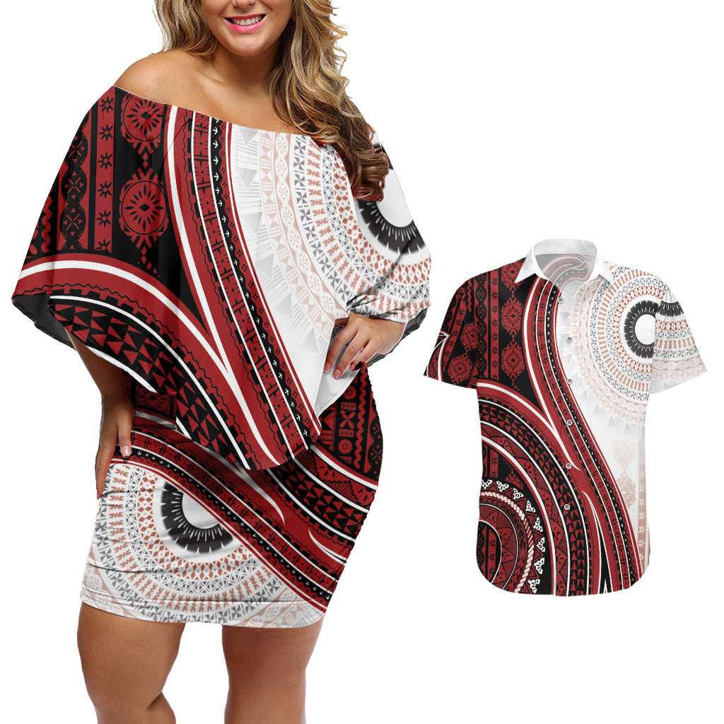 Bula Fiji Vintage Tapa Couples Matching Off Shoulder Short Dress and Hawaiian Shirt Kaivity Masi Wave Motifs - Red