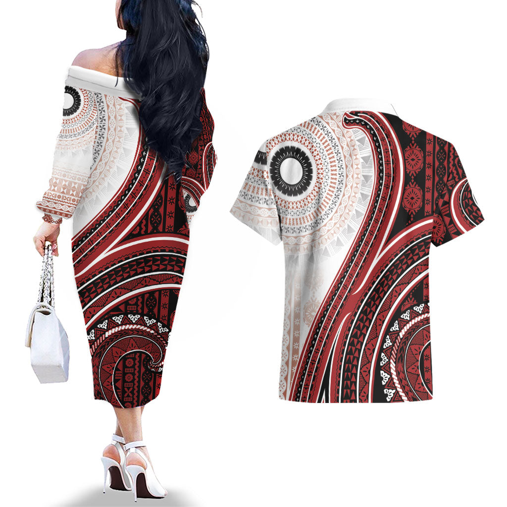 Bula Fiji Vintage Tapa Couples Matching Off The Shoulder Long Sleeve Dress and Hawaiian Shirt Kaivity Masi Wave Motifs - Red
