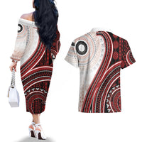 Bula Fiji Vintage Tapa Couples Matching Off The Shoulder Long Sleeve Dress and Hawaiian Shirt Kaivity Masi Wave Motifs - Red