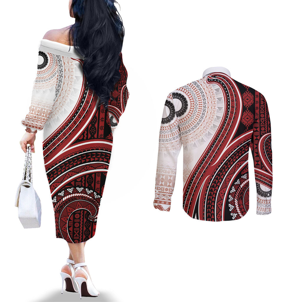 Bula Fiji Vintage Tapa Couples Matching Off The Shoulder Long Sleeve Dress and Long Sleeve Button Shirt Kaivity Masi Wave Motifs - Red