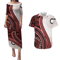 Bula Fiji Vintage Tapa Couples Matching Puletasi and Hawaiian Shirt Kaivity Masi Wave Motifs - Red