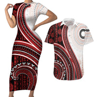 Bula Fiji Vintage Tapa Couples Matching Short Sleeve Bodycon Dress and Hawaiian Shirt Kaivity Masi Wave Motifs - Red