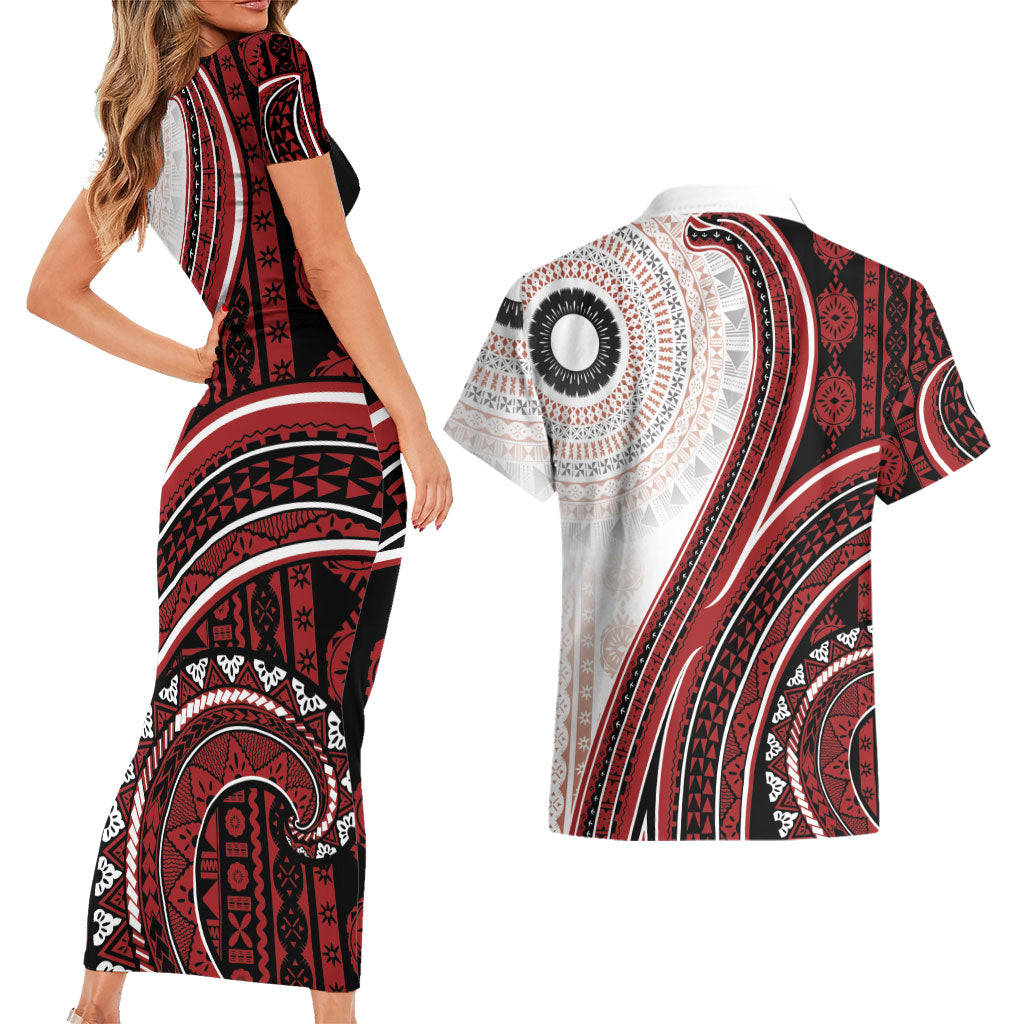 Bula Fiji Vintage Tapa Couples Matching Short Sleeve Bodycon Dress and Hawaiian Shirt Kaivity Masi Wave Motifs - Red