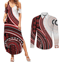 Bula Fiji Vintage Tapa Couples Matching Summer Maxi Dress and Long Sleeve Button Shirt Kaivity Masi Wave Motifs - Red