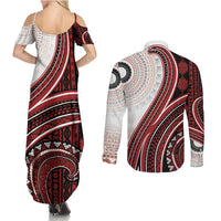 Bula Fiji Vintage Tapa Couples Matching Summer Maxi Dress and Long Sleeve Button Shirt Kaivity Masi Wave Motifs - Red