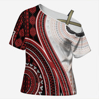 Bula Fiji Vintage Tapa Cross Shoulder Shirt Kaivity Masi Wave Motifs - Red LT7 Female Red - Polynesian Pride