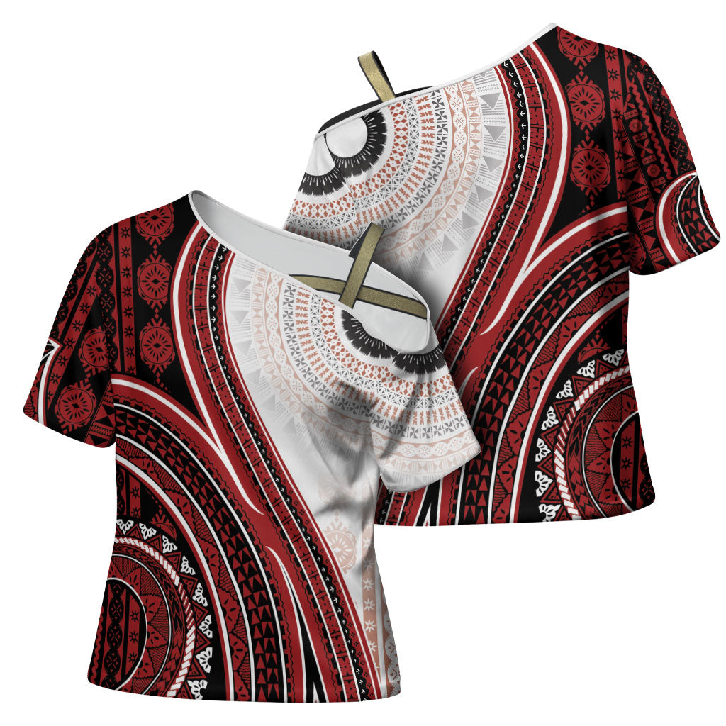 Bula Fiji Vintage Tapa Cross Shoulder Shirt Kaivity Masi Wave Motifs - Red LT7 - Polynesian Pride