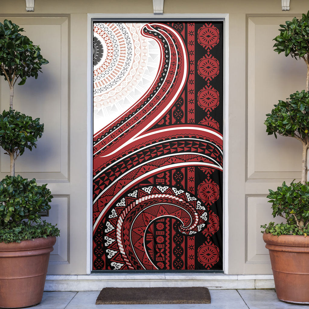 Bula Fiji Vintage Tapa Door Cover Kaivity Masi Wave Motifs - Red