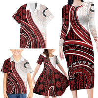Bula Fiji Vintage Tapa Family Matching Long Sleeve Bodycon Dress and Hawaiian Shirt Kaivity Masi Wave Motifs - Red