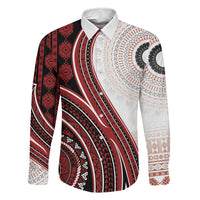 Bula Fiji Vintage Tapa Family Matching Long Sleeve Bodycon Dress and Hawaiian Shirt Kaivity Masi Wave Motifs - Red