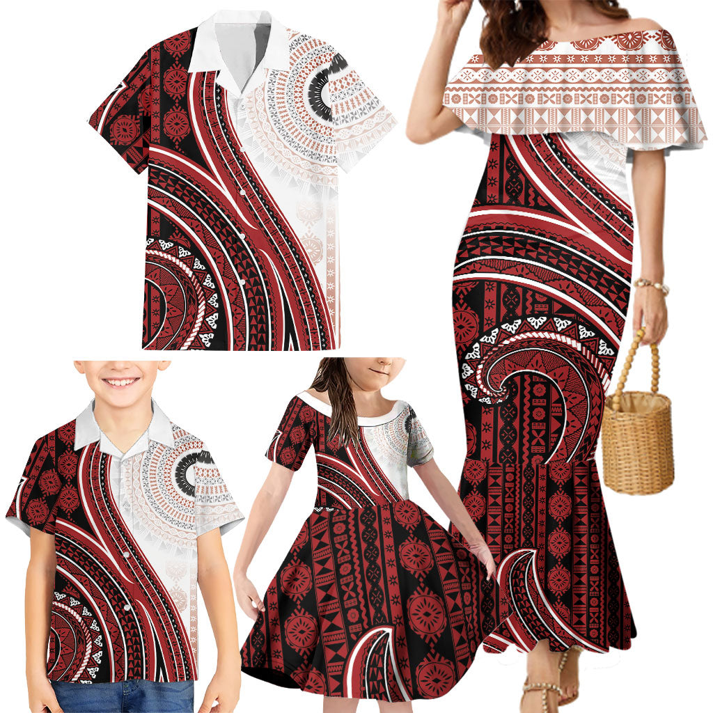 Bula Fiji Vintage Tapa Family Matching Mermaid Dress and Hawaiian Shirt Kaivity Masi Wave Motifs - Red