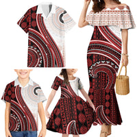Bula Fiji Vintage Tapa Family Matching Mermaid Dress and Hawaiian Shirt Kaivity Masi Wave Motifs - Red