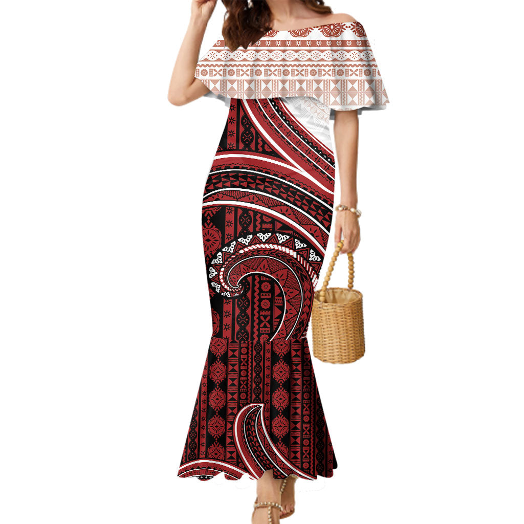 Bula Fiji Vintage Tapa Family Matching Mermaid Dress and Hawaiian Shirt Kaivity Masi Wave Motifs - Red