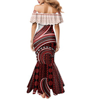 Bula Fiji Vintage Tapa Family Matching Mermaid Dress and Hawaiian Shirt Kaivity Masi Wave Motifs - Red