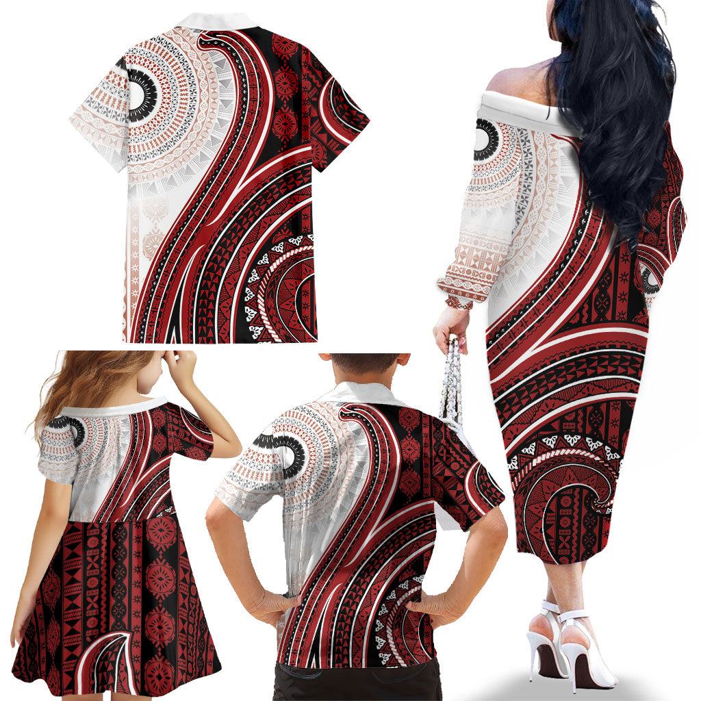 Bula Fiji Vintage Tapa Family Matching Off The Shoulder Long Sleeve Dress and Hawaiian Shirt Kaivity Masi Wave Motifs - Red