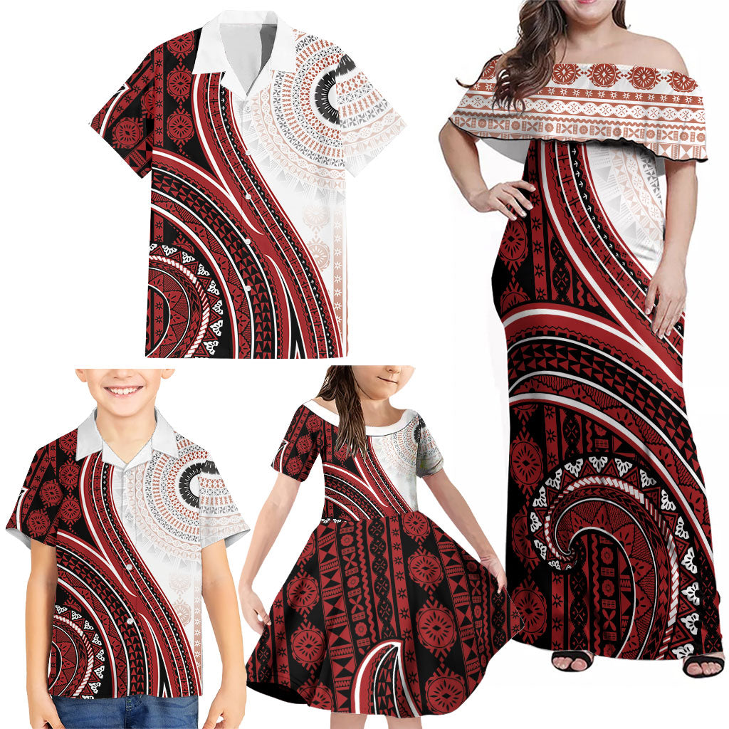 Bula Fiji Vintage Tapa Family Matching Off Shoulder Maxi Dress and Hawaiian Shirt Kaivity Masi Wave Motifs - Red