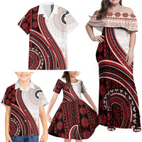 Bula Fiji Vintage Tapa Family Matching Off Shoulder Maxi Dress and Hawaiian Shirt Kaivity Masi Wave Motifs - Red
