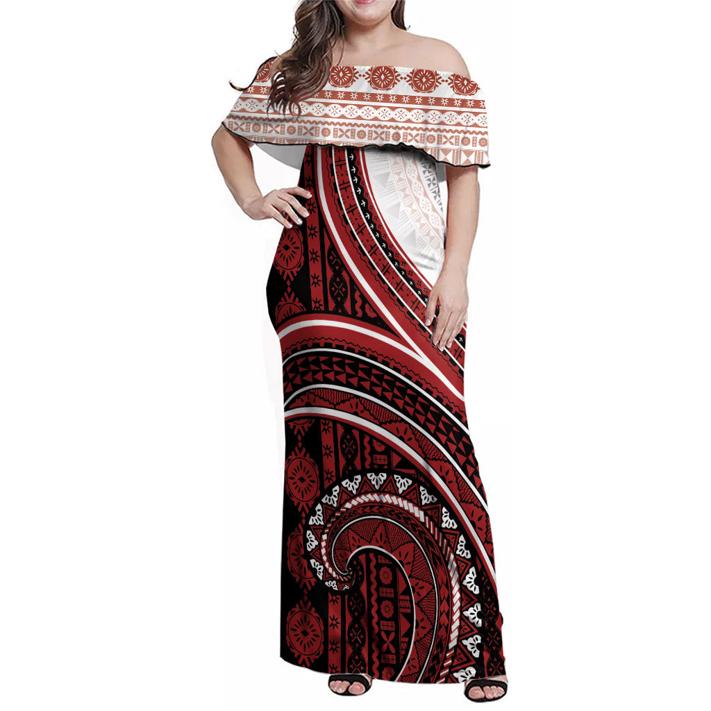 Bula Fiji Vintage Tapa Family Matching Off Shoulder Maxi Dress and Hawaiian Shirt Kaivity Masi Wave Motifs - Red