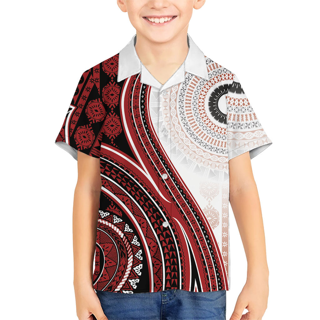 Bula Fiji Vintage Tapa Family Matching Off Shoulder Maxi Dress and Hawaiian Shirt Kaivity Masi Wave Motifs - Red