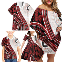 Bula Fiji Vintage Tapa Family Matching Off Shoulder Short Dress and Hawaiian Shirt Kaivity Masi Wave Motifs - Red