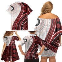 Bula Fiji Vintage Tapa Family Matching Off Shoulder Short Dress and Hawaiian Shirt Kaivity Masi Wave Motifs - Red