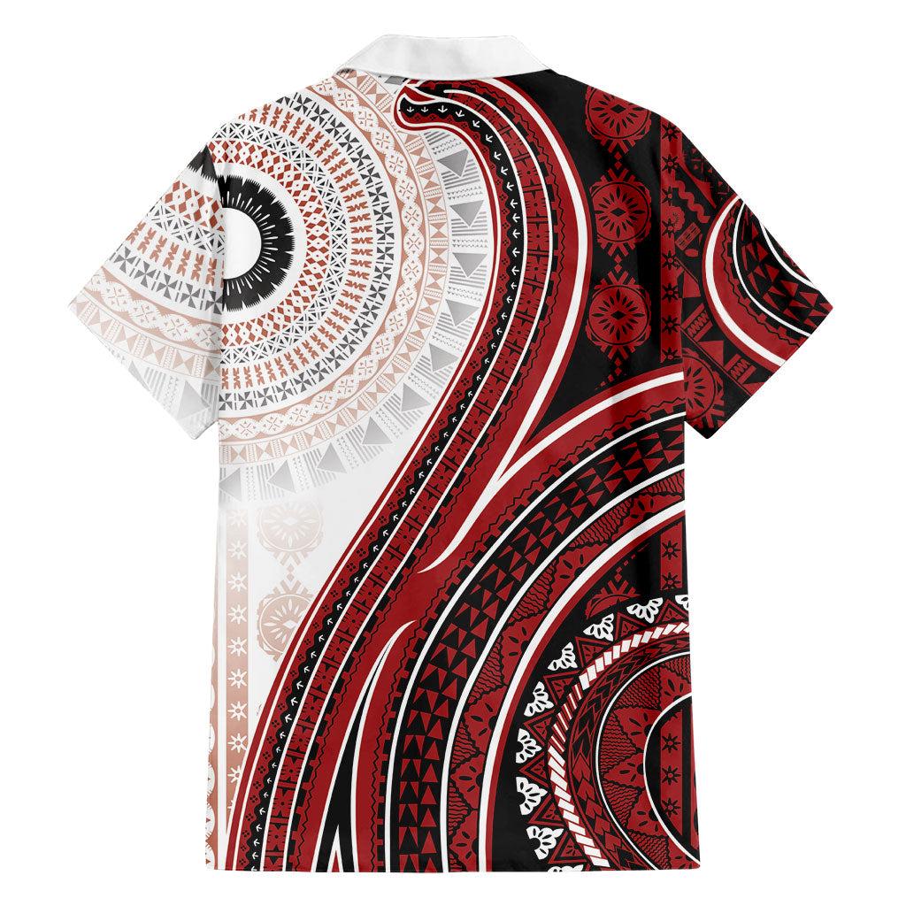 Bula Fiji Vintage Tapa Family Matching Off Shoulder Short Dress and Hawaiian Shirt Kaivity Masi Wave Motifs - Red