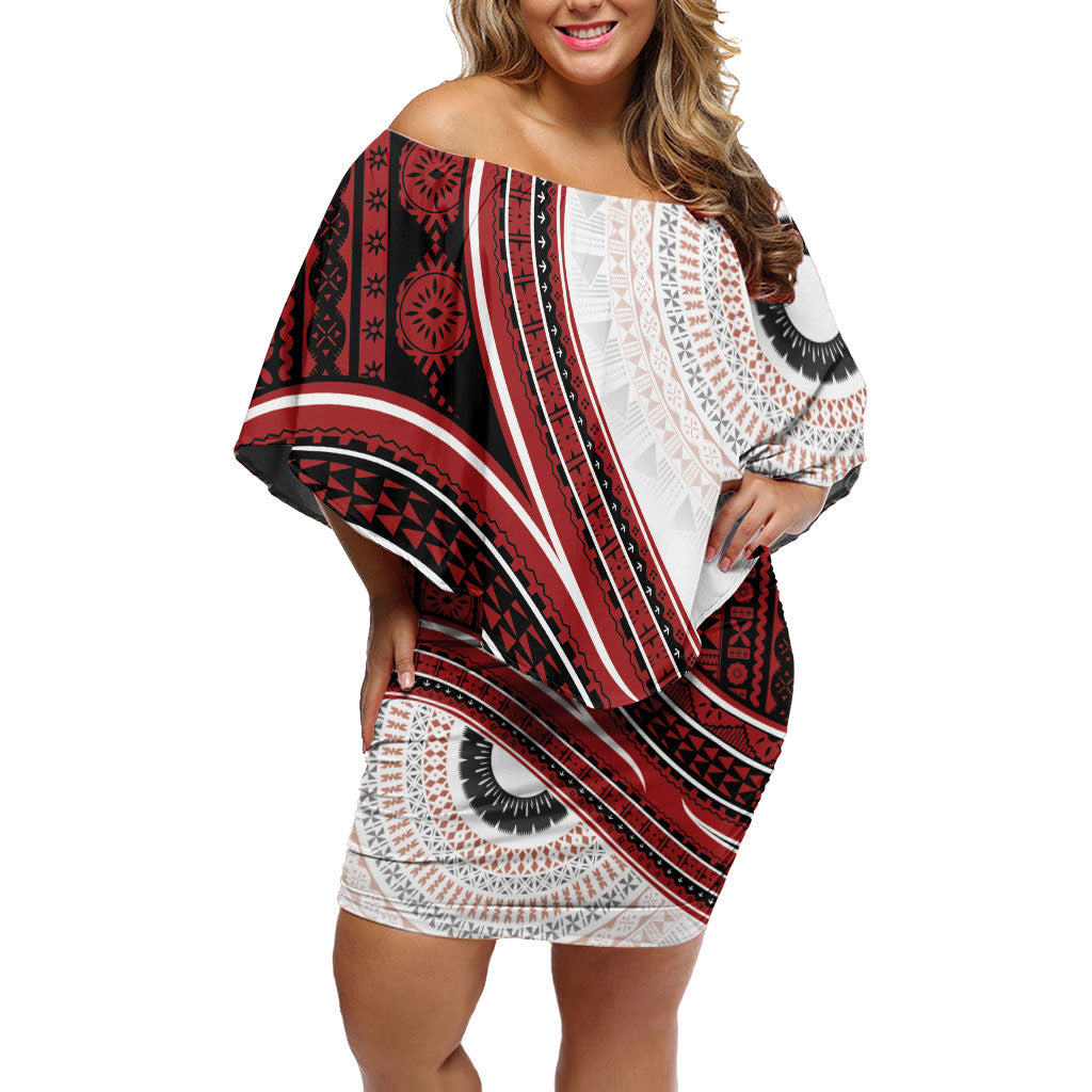 Bula Fiji Vintage Tapa Family Matching Off Shoulder Short Dress and Hawaiian Shirt Kaivity Masi Wave Motifs - Red