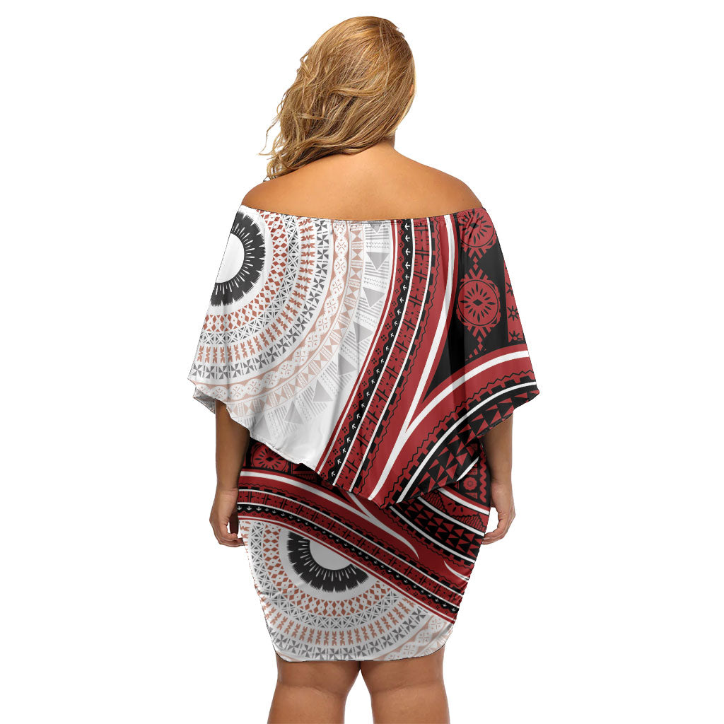 Bula Fiji Vintage Tapa Family Matching Off Shoulder Short Dress and Hawaiian Shirt Kaivity Masi Wave Motifs - Red
