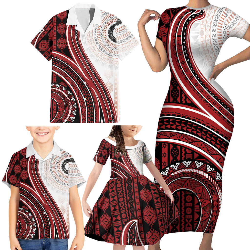 Bula Fiji Vintage Tapa Family Matching Short Sleeve Bodycon Dress and Hawaiian Shirt Kaivity Masi Wave Motifs - Red