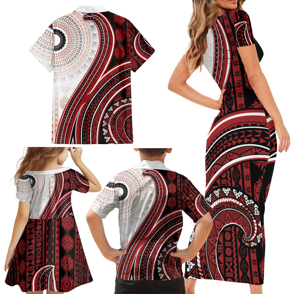 Bula Fiji Vintage Tapa Family Matching Short Sleeve Bodycon Dress and Hawaiian Shirt Kaivity Masi Wave Motifs - Red