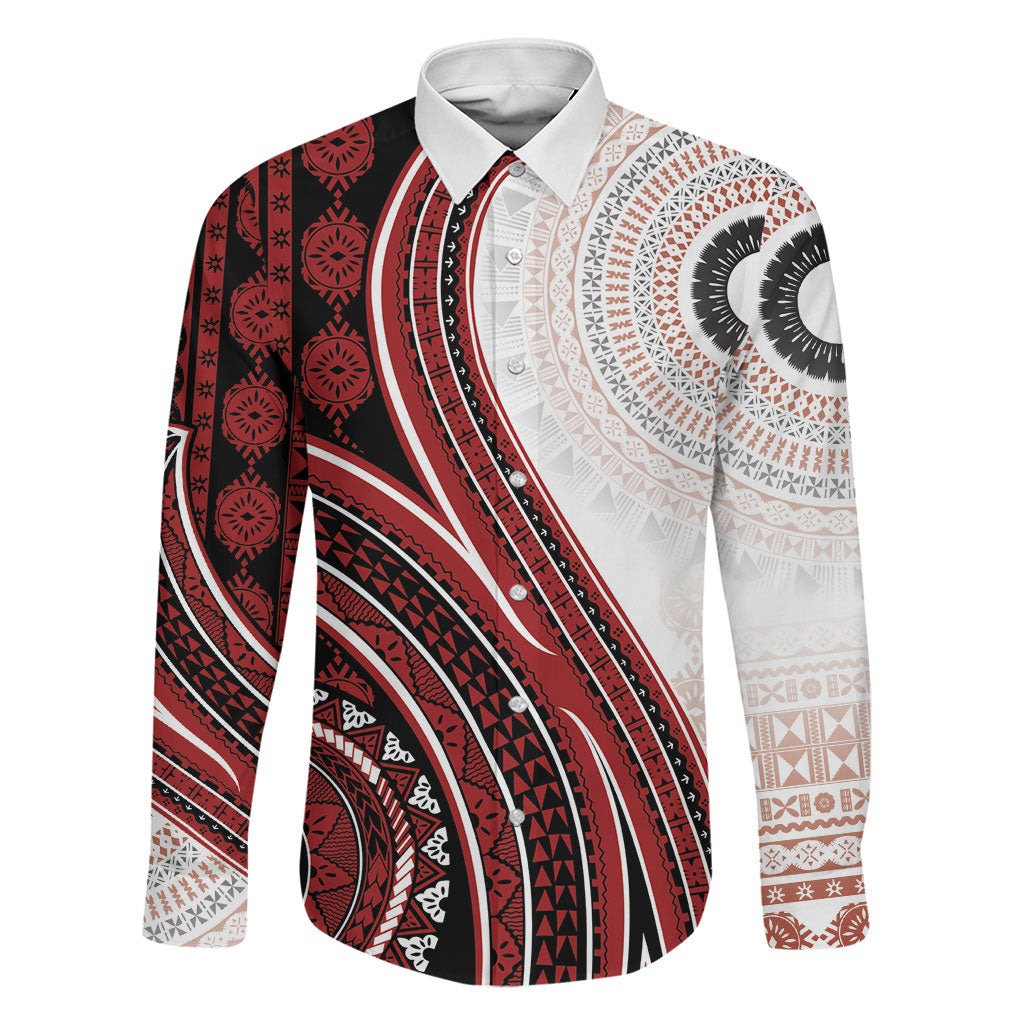 Bula Fiji Vintage Tapa Family Matching Short Sleeve Bodycon Dress and Hawaiian Shirt Kaivity Masi Wave Motifs - Red