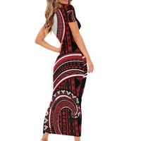 Bula Fiji Vintage Tapa Family Matching Short Sleeve Bodycon Dress and Hawaiian Shirt Kaivity Masi Wave Motifs - Red
