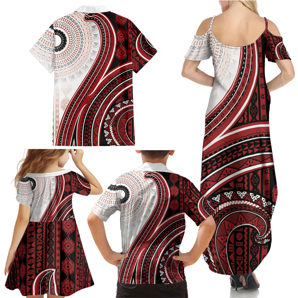 Bula Fiji Vintage Tapa Family Matching Summer Maxi Dress and Hawaiian Shirt Kaivity Masi Wave Motifs - Red