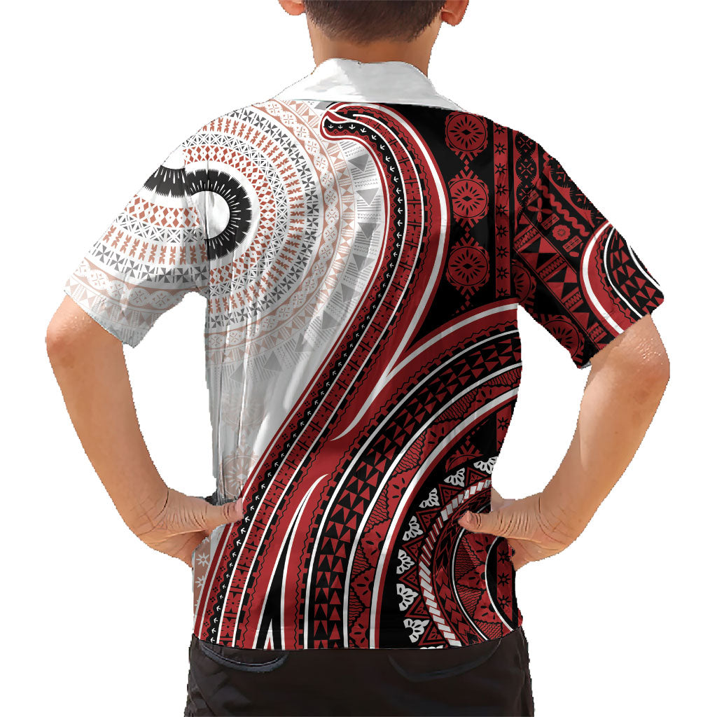 Bula Fiji Vintage Tapa Family Matching Tank Maxi Dress and Hawaiian Shirt Kaivity Masi Wave Motifs - Red