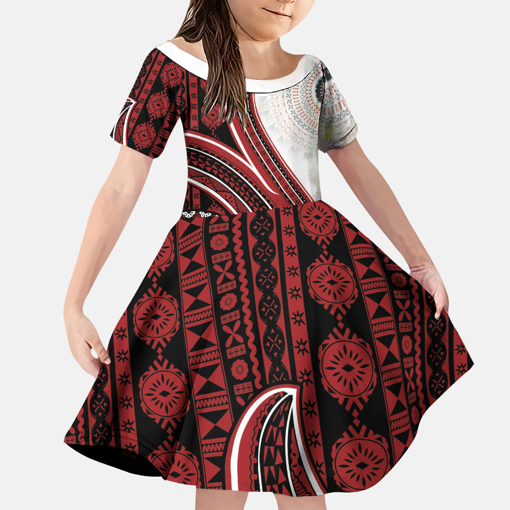 Bula Fiji Vintage Tapa Family Matching Tank Maxi Dress and Hawaiian Shirt Kaivity Masi Wave Motifs - Red