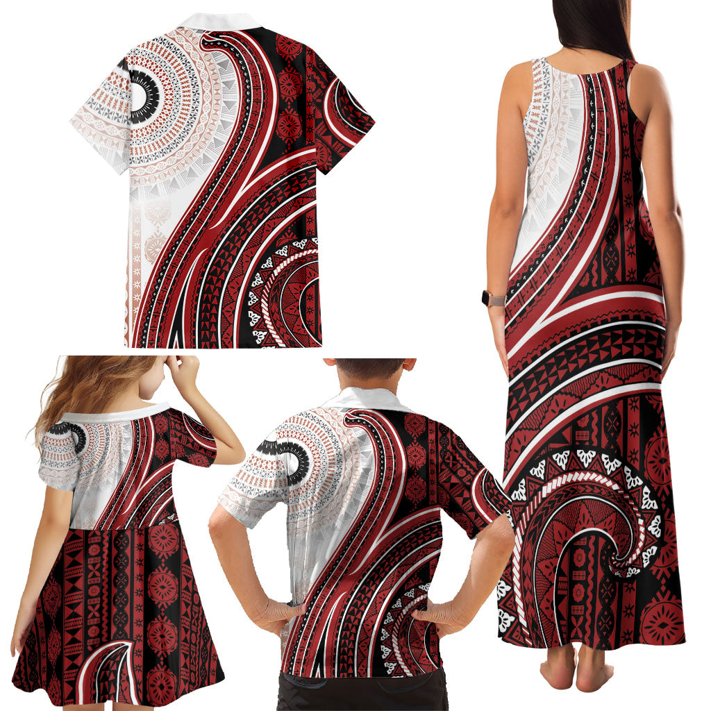 Bula Fiji Vintage Tapa Family Matching Tank Maxi Dress and Hawaiian Shirt Kaivity Masi Wave Motifs - Red