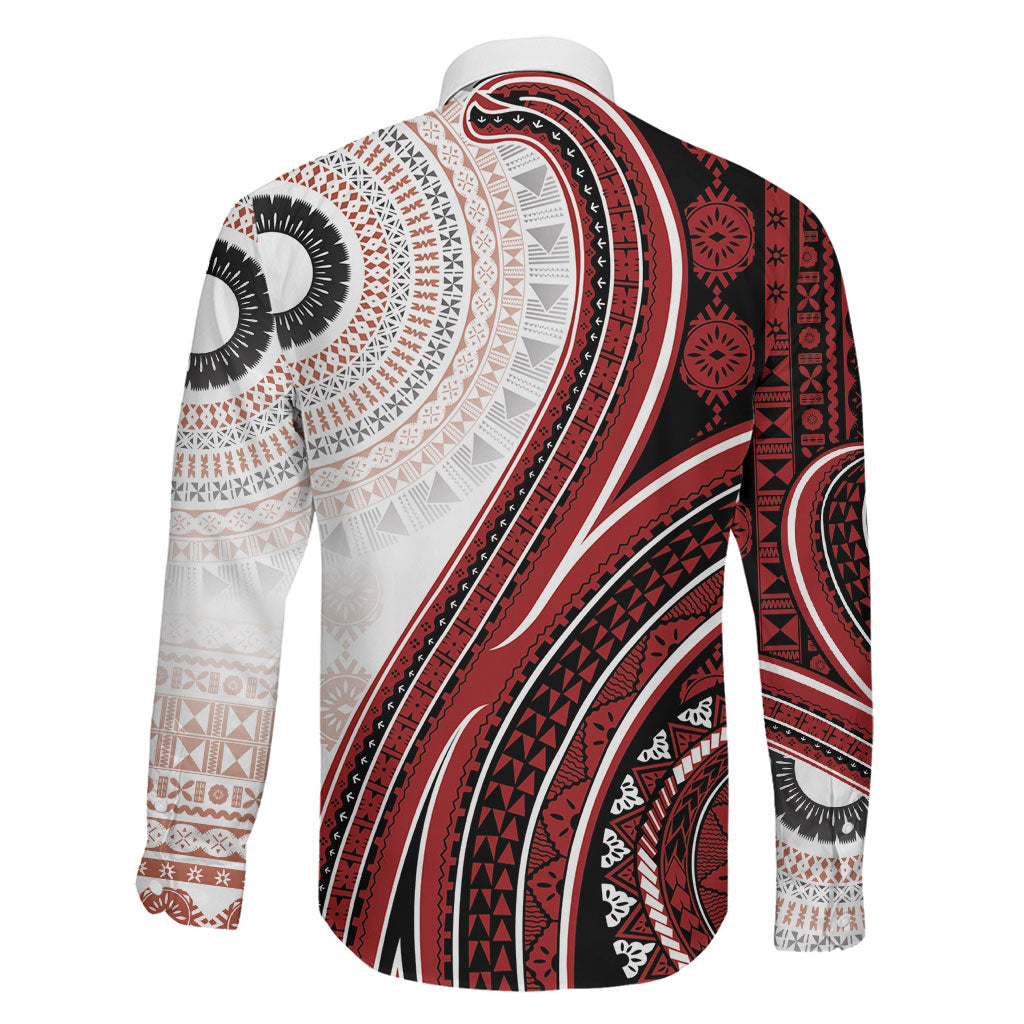 Bula Fiji Vintage Tapa Family Matching Tank Maxi Dress and Hawaiian Shirt Kaivity Masi Wave Motifs - Red