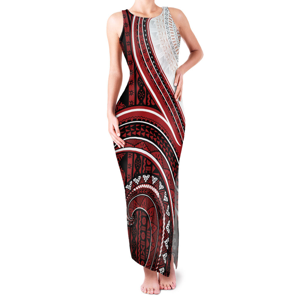 Bula Fiji Vintage Tapa Family Matching Tank Maxi Dress and Hawaiian Shirt Kaivity Masi Wave Motifs - Red