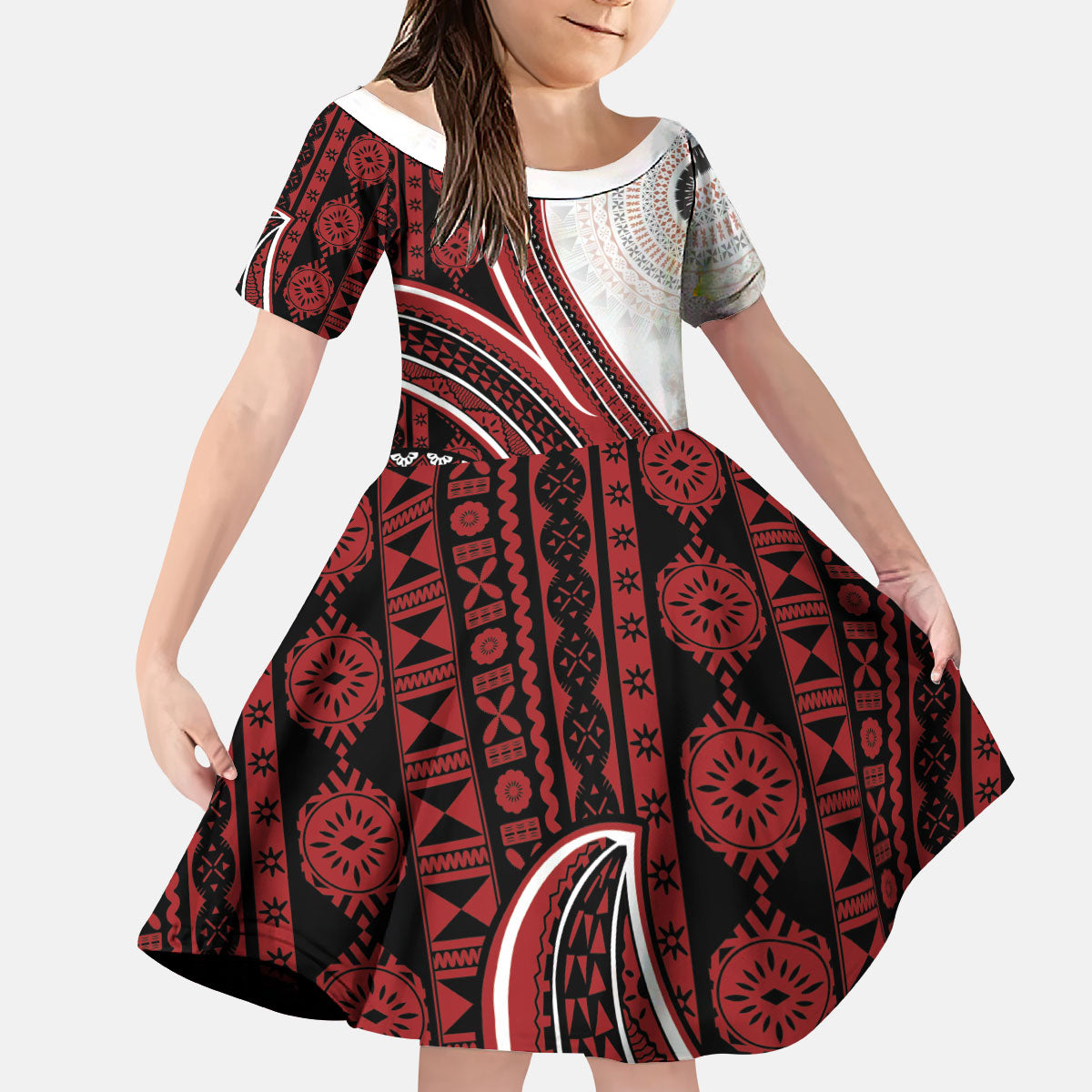 Bula Fiji Vintage Tapa Kid Short Sleeve Dress Kaivity Masi Wave Motifs - Red
